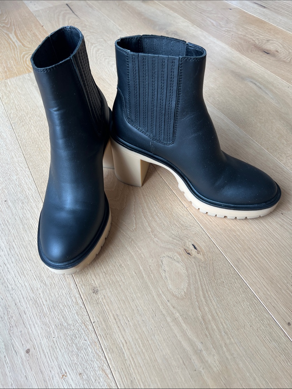 Dolce Vita Black Chelsea Block-Heel Ankle Boots with Tan Lug Sole